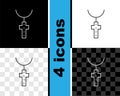 Set line Christian cross on chain icon isolated on black and white, transparent background. Church cross. Vector Royalty Free Stock Photo