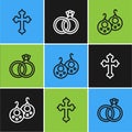 Set line Christian cross, Earrings and Wedding icon. Vector