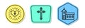 Set line Christian cross and heart, Christian cross and Church building. Colored shapes. Vector