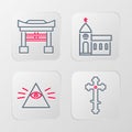 Set line Christian cross, Masons, Church building and Japan Gate icon. Vector