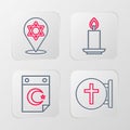 Set line Christian cross, Star and crescent, Burning candle and of David icon. Vector