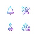 Set line Christian fish, cross, Church bell and Crusade. Gradient color icons. Vector