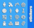 Set line Christmas candy cane, Donut, Candy, Jelly worms, Ice cream, Cookie biscuit, and in bowl icon. Vector