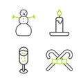 Set line Christmas candy cane, Glass of champagne, Burning candle and snowman icon. Vector