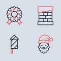 Set line Christmas chimney, Firework rocket, Santa Claus hat and beard and wreath icon. Vector
