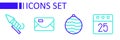 Set line Christmas day calendar, ball, Envelope and Firework rocket icon. Vector Royalty Free Stock Photo