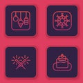 Set line Christmas lights, Sparkler firework, Snowflake and Cake. Blue square button. Vector Royalty Free Stock Photo