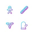 Set line Christmas mitten, Branch viburnum, Holiday gingerbread man cookie and Snowboard. Gradient color icons. Vector