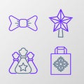 Set line Christmas paper shopping bag, Santa Claus gift, star and Bow tie icon. Vector Royalty Free Stock Photo