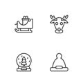 Set line Christmas Santa Claus hat, snow globe, santa claus sleigh and Reindeer icon. Vector Royalty Free Stock Photo