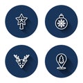 Set line Christmas star, ball, Reindeer and tree with long shadow. Blue circle button. Vector Royalty Free Stock Photo