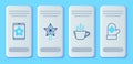 Set line Christmas star, Coffee cup, on smartphone and snowflake and mitten icon. Vector