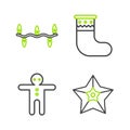 Set line Christmas star, Holiday gingerbread man cookie, stocking and lights icon. Vector Royalty Free Stock Photo