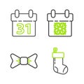 Set line Christmas stocking, Bow tie, Calendar and icon. Vector Royalty Free Stock Photo