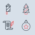 Set line Christmas tree, Envelope, ball and Firework rocket icon. Vector Royalty Free Stock Photo