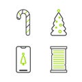 Set line Christmas wish list template, Smartphone with gift box, tree decorations and candy cane stripes icon. Vector Royalty Free Stock Photo