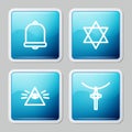 Set line Church bell, Star of David, Masons and Christian cross chain icon. Vector