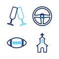 Set line Church building, American Football ball, Steering wheel and Glasses of champagne icon. Vector Royalty Free Stock Photo