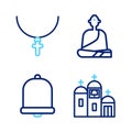 Set line Church building, bell, Buddhist monk and Christian cross chain icon. Vector