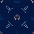 Set line Church building, Burning candle and Christmas ball on seamless pattern. Vector