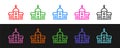 Set line Church building icon isolated on black and white background. Christian Church. Religion of church. Vector Royalty Free Stock Photo