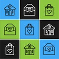 Set line Church building, Shopping bag with heart and Envelope Valentine icon. Vector
