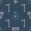 Set line Church building, Tomahawk axe and Money bag on seamless pattern. Vector