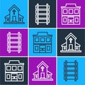 Set line Church building, Wild west saloon and Railway, railroad track icon. Vector
