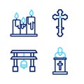 Set line Church pastor preaching, Japan Gate, Christian cross and Burning candles icon. Vector