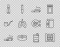 Set line Cigar, Cigarette, Ashtray, Vape liquid bottle, Lungs, Cigarettes pack box and Electronic cigarette icon. Vector