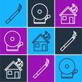 Set line Cigarette, Fire in burning house and Ringing alarm bell icon. Vector