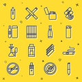 Set line Cigarette, Lighter, Electronic cigarette, and Vape liquid bottle icon. Vector Royalty Free Stock Photo