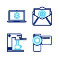 Set line Cinema camera, Coffee machine and cup, Mail e-mail and Laptop with dollar icon. Vector Royalty Free Stock Photo