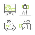 Set line Cinema camera, TV News car, Antenna and Breaking news icon. Vector Royalty Free Stock Photo