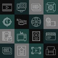 Set line Cinema chair, Movie clapper, camera, Hd movie, tape, frame, Old film countdown, Play Video and Film reel icon Royalty Free Stock Photo