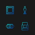 Set line Cinema chair, ticket, Play video and Movie trophy. Gradient color icons. Vector