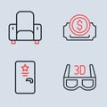 Set line Cinema ticket, Backstage, 3D cinema glasses and chair icon. Vector