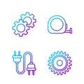 Set line Circular saw blade, Electric plug, Gear and Roulette construction. Gradient color icons. Vector Royalty Free Stock Photo