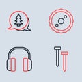 Set line Circular saw blade, Headphones, Metallic nails and Tree icon. Vector