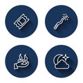 Set line Circus ticket, Magic wand, Hand holding fire and Moon stars with long shadow. Blue circle button. Vector Royalty Free Stock Photo