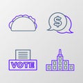 Set line City landscape, Vote box, Coin money with dollar and Taco tortilla icon. Vector