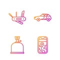 Set line City map navigation, Camping gas stove, Swiss army knife and Car. Gradient color icons. Vector Royalty Free Stock Photo