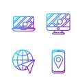 Set line City map navigation, Globe with flying plane, City map navigation and Monitor with location marker. Gradient
