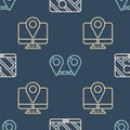 Set line City map navigation, Monitor with location marker and Route location on seamless pattern. Vector Royalty Free Stock Photo