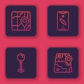 Set line City map navigation, Push pin, Compass mobile and . Blue square button. Vector Royalty Free Stock Photo