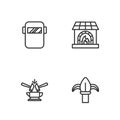 Set line Classic iron fence, Anvil and hammer, Welding mask and Blacksmith oven icon. Vector