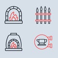 Set line Classic iron fence, Blacksmith oven, anvil tool and icon. Vector