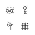 Set line Classic iron fence, Medieval axe, Blacksmith anvil tool and Old key icon. Vector Royalty Free Stock Photo