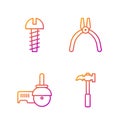 Set line Claw hammer, Angle grinder, Metallic screw and Pliers tool. Gradient color icons. Vector