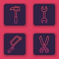 Set line Claw hammer, Hacksaw, Wrench spanner and Scissors. Blue square button. Vector